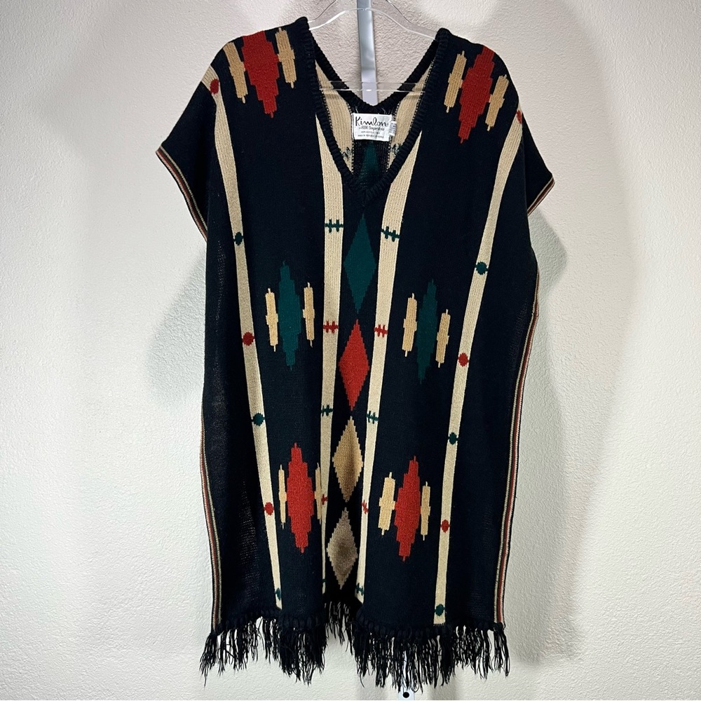 VTG 70's Kimlon Pullover Poncho Western Wear Tunic Fringe Boho Artsy Lagenlook